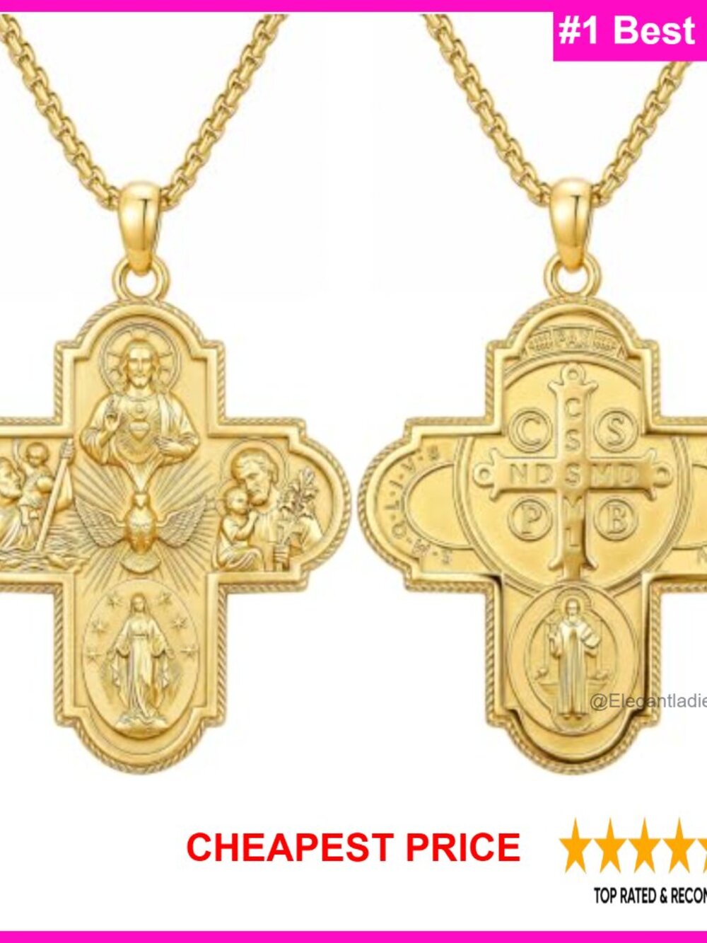 14K Gold Plated Four Way Cross Medal Necklace Patron Saint Pendant